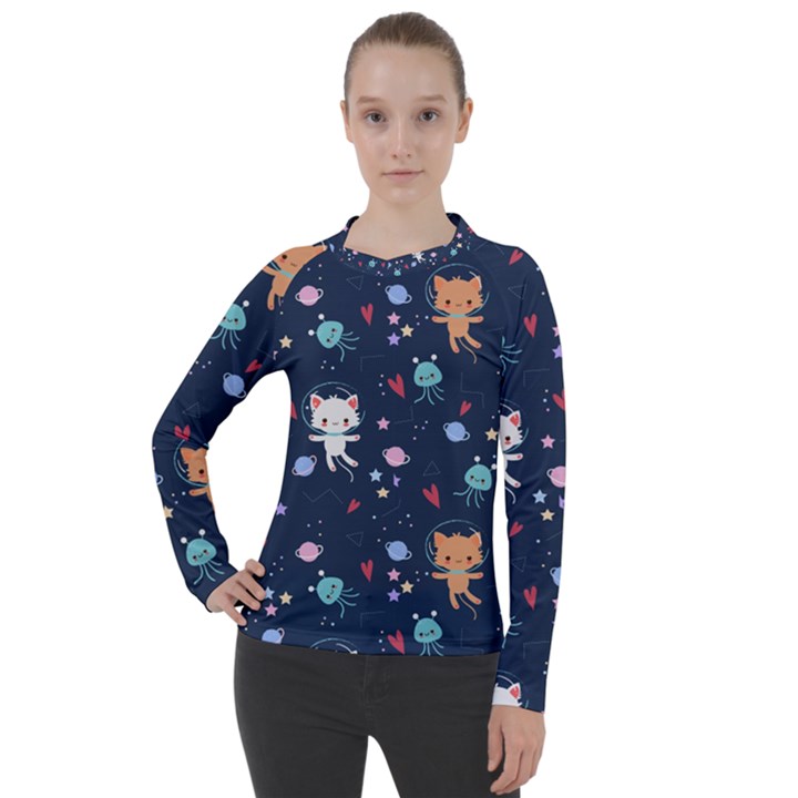 Cute-astronaut-cat-with-star-galaxy-elements-seamless-pattern Women s Pique Long Sleeve Tee