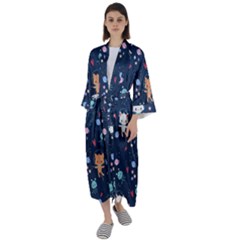 Cute-astronaut-cat-with-star-galaxy-elements-seamless-pattern Maxi Satin Kimono