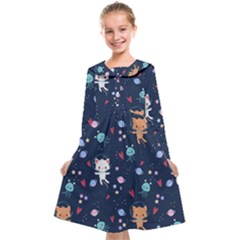 Cute-astronaut-cat-with-star-galaxy-elements-seamless-pattern Kids  Midi Sailor Dress