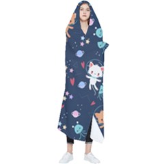 Cute-astronaut-cat-with-star-galaxy-elements-seamless-pattern Wearable Blanket