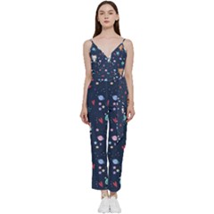 Cute-astronaut-cat-with-star-galaxy-elements-seamless-pattern V-neck Spaghetti Strap Tie Front Jumpsuit