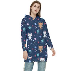 Cute-astronaut-cat-with-star-galaxy-elements-seamless-pattern Women s Long Oversized Pullover Hoodie by Vaneshart