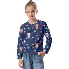 Cute-astronaut-cat-with-star-galaxy-elements-seamless-pattern Kids  Long Sleeve Tee With Frill 