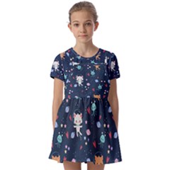 Cute-astronaut-cat-with-star-galaxy-elements-seamless-pattern Kids  Short Sleeve Pinafore Style Dress