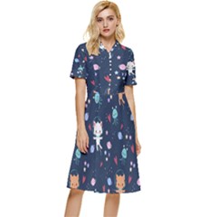 Cute-astronaut-cat-with-star-galaxy-elements-seamless-pattern Button Top Knee Length Dress