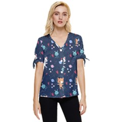 Cute-astronaut-cat-with-star-galaxy-elements-seamless-pattern Bow Sleeve Button Up Top