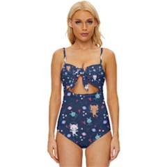 Cute-astronaut-cat-with-star-galaxy-elements-seamless-pattern Knot Front One-piece Swimsuit