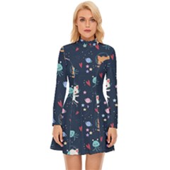 Cute-astronaut-cat-with-star-galaxy-elements-seamless-pattern Long Sleeve Velour Longline Dress