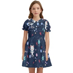 Cute-astronaut-cat-with-star-galaxy-elements-seamless-pattern Kids  Bow Tie Puff Sleeve Dress