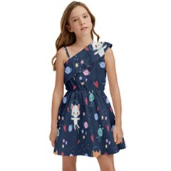 Cute-astronaut-cat-with-star-galaxy-elements-seamless-pattern Kids  One Shoulder Party Dress