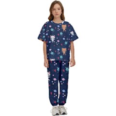 Cute-astronaut-cat-with-star-galaxy-elements-seamless-pattern Kids  Tee And Pants Sports Set