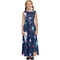 Cute-astronaut-cat-with-star-galaxy-elements-seamless-pattern Kids  Satin Sleeveless Maxi Dress