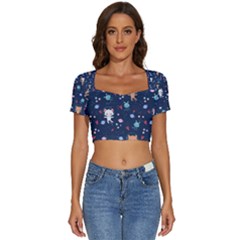 Cute-astronaut-cat-with-star-galaxy-elements-seamless-pattern Short Sleeve Square Neckline Crop Top 