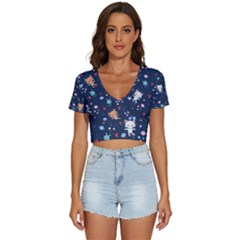 Cute-astronaut-cat-with-star-galaxy-elements-seamless-pattern V-neck Crop Top