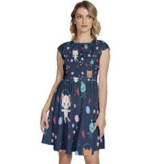 Cute-astronaut-cat-with-star-galaxy-elements-seamless-pattern Cap Sleeve High Waist Dress