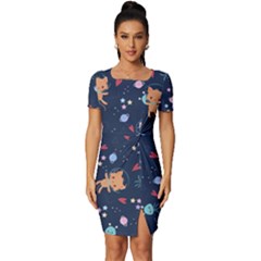Cute-astronaut-cat-with-star-galaxy-elements-seamless-pattern Fitted Knot Split End Bodycon Dress