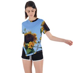 Sunflower Flower Yellow Asymmetrical Short Sleeve Sports Tee by artworkshop