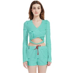 Teal Brick Texture Velvet Wrap Crop Top And Shorts Set by artworkshop