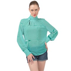 Teal Brick Texture High Neck Long Sleeve Chiffon Top