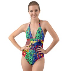 Thread Texture Pattern Halter Cut-out One Piece Swimsuit by artworkshop