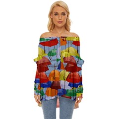 Umbrellas Colourful Off Shoulder Chiffon Pocket Shirt by artworkshop