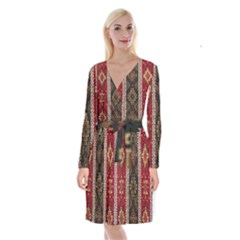 Uzbek Pattern In Temple Long Sleeve Velvet Front Wrap Dress