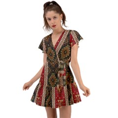 Uzbek Pattern In Temple Flutter Sleeve Wrap Dress