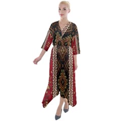 Uzbek Pattern In Temple Quarter Sleeve Wrap Front Maxi Dress