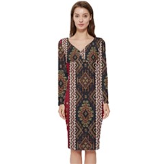 Uzbek Pattern In Temple Long Sleeve V-neck Bodycon Dress 