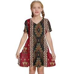 Uzbek Pattern In Temple Kids  Short Sleeve Tiered Mini Dress