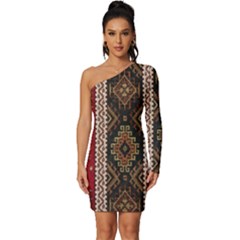 Uzbek Pattern In Temple Long Sleeve One Shoulder Mini Dress
