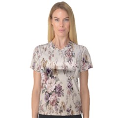 Vintage Floral Pattern V-neck Sport Mesh Tee