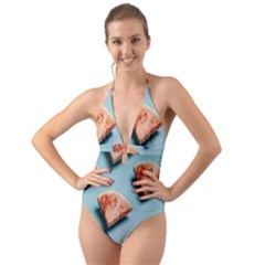 Watermelon Against Blue Surface Pattern Halter Cut-Out One Piece Swimsuit