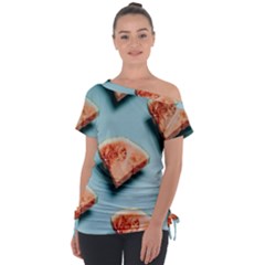 Watermelon Against Blue Surface Pattern Off Shoulder Tie-Up Tee