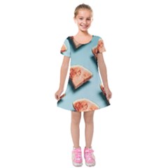 Watermelon Against Blue Surface Pattern Kids  Short Sleeve Velvet Dress