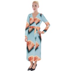 Watermelon Against Blue Surface Pattern Velvet Maxi Wrap Dress