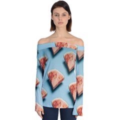 Watermelon Against Blue Surface Pattern Off Shoulder Long Sleeve Top