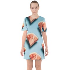 Watermelon Against Blue Surface Pattern Sixties Short Sleeve Mini Dress