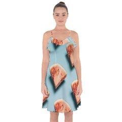 Watermelon Against Blue Surface Pattern Ruffle Detail Chiffon Dress