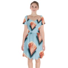 Watermelon Against Blue Surface Pattern Short Sleeve Bardot Dress