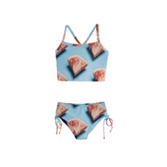 Watermelon Against Blue Surface Pattern Girls  Tankini Swimsuit