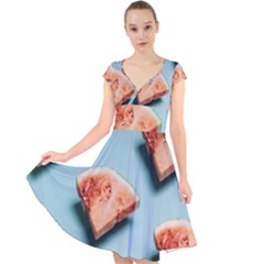 Watermelon Against Blue Surface Pattern Cap Sleeve Front Wrap Midi Dress by artworkshop