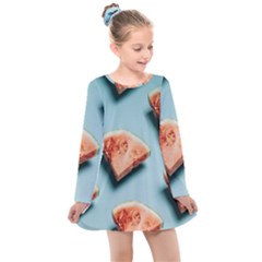 Watermelon Against Blue Surface Pattern Kids  Long Sleeve Dress