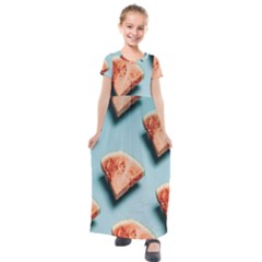 Watermelon Against Blue Surface Pattern Kids  Short Sleeve Maxi Dress