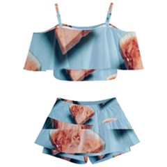 Watermelon Against Blue Surface Pattern Kids  Off Shoulder Skirt Bikini