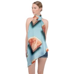 Watermelon Against Blue Surface Pattern Halter Asymmetric Satin Top