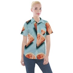 Watermelon Against Blue Surface Pattern Women s Short Sleeve Pocket Shirt