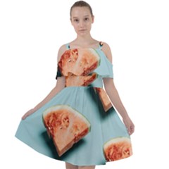 Watermelon Against Blue Surface Pattern Cut Out Shoulders Chiffon Dress