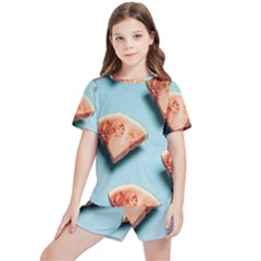 Watermelon Against Blue Surface Pattern Kids  Tee And Sports Shorts Set