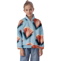 Watermelon Against Blue Surface Pattern Kids  Half Zip Hoodie